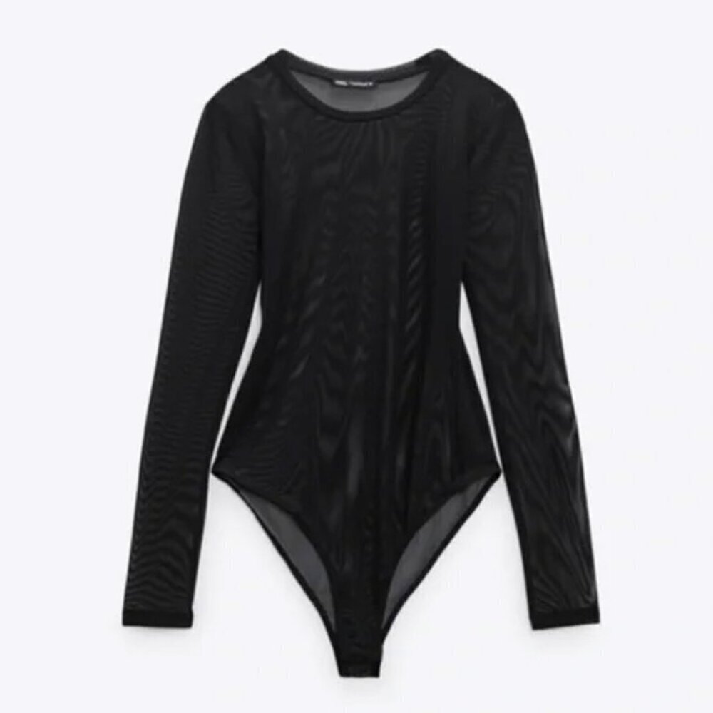 NWT Zara Lingerie Sheer Bodysuit Black Long Sleeve Size Small